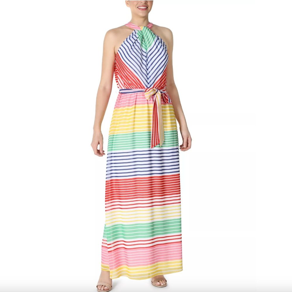 JULIA JORDAN Striped Knotted-Halter Belted Maxi Dress Sleeveless Size 10 NWT